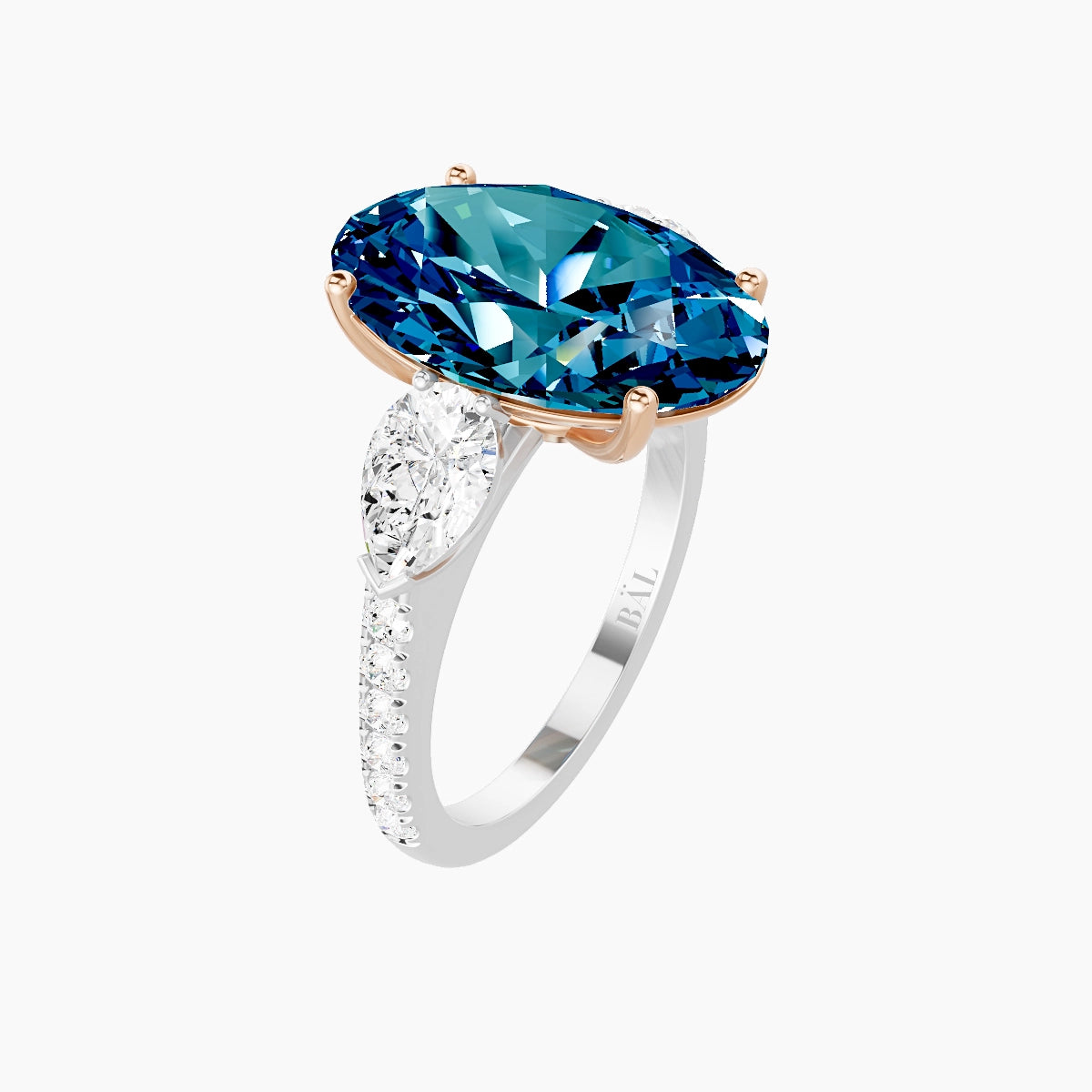 Classic Pear Trilogy with Straight Shank | 18k White & Rose Gold 5 ct Oval Blue Lab Diamond Ring