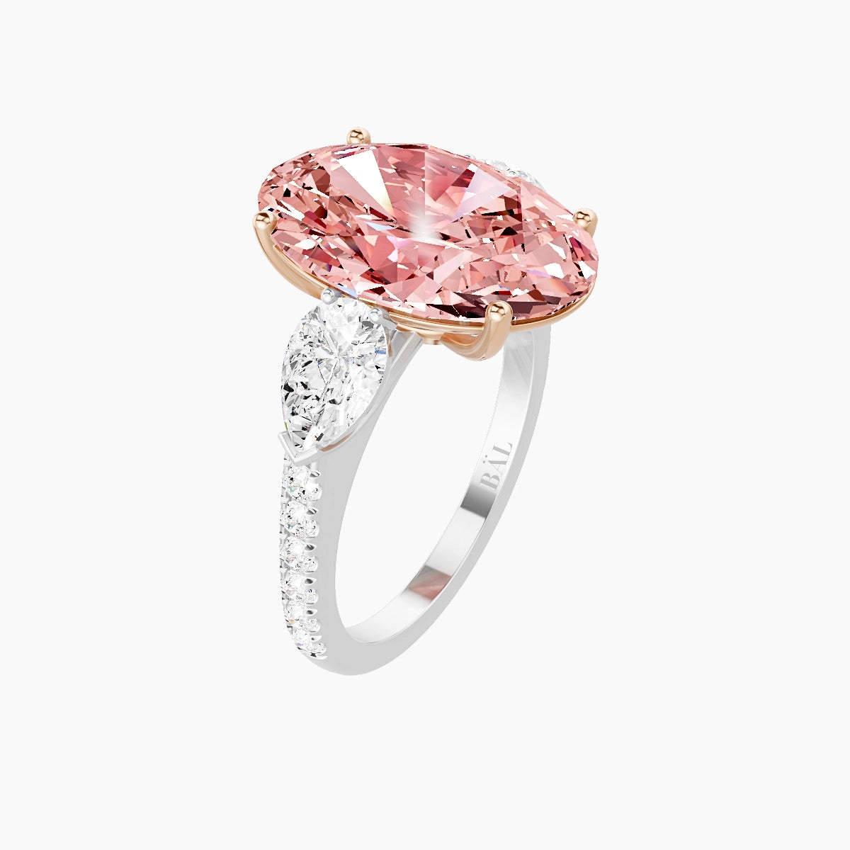Classic Pear Trilogy with Straight Shank | 18k White & Rose Gold 5 ct Oval Pink Lab Diamond Ring