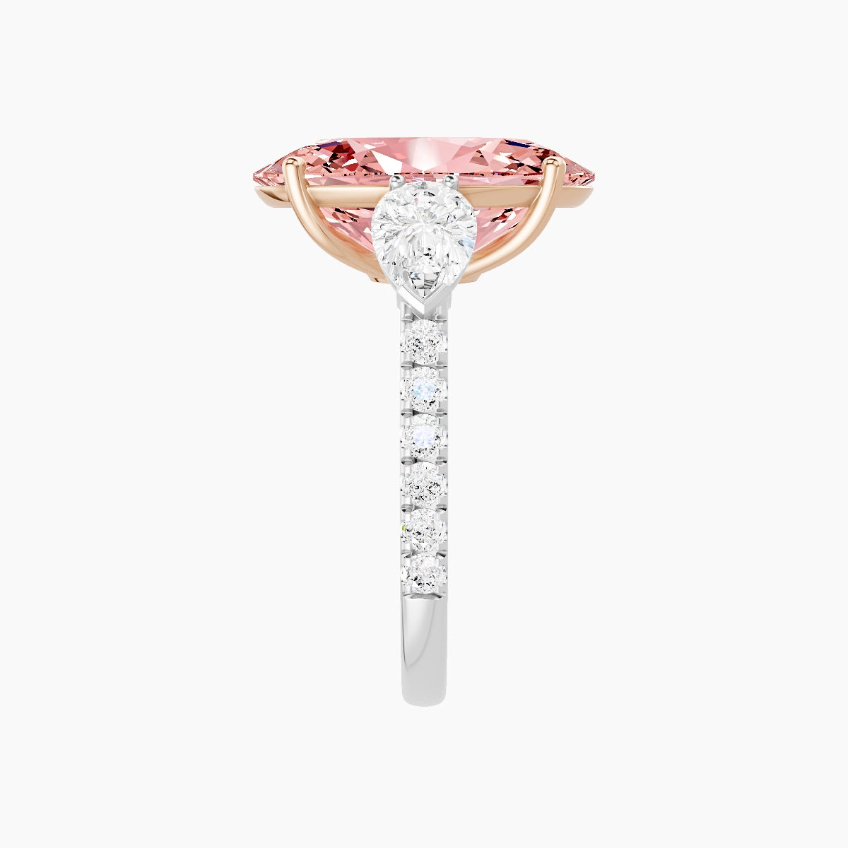 Classic Pear Trilogy with Straight Shank | 18k White & Rose Gold 5 ct Oval Pink Lab Diamond Ring