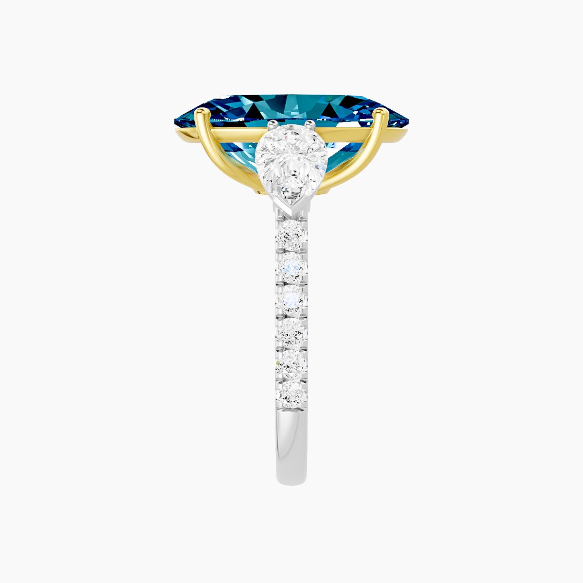 Classic Pear Trilogy with Straight Shank | 18k White & Yellow Gold 5 ct Oval Blue Lab Diamond Ring