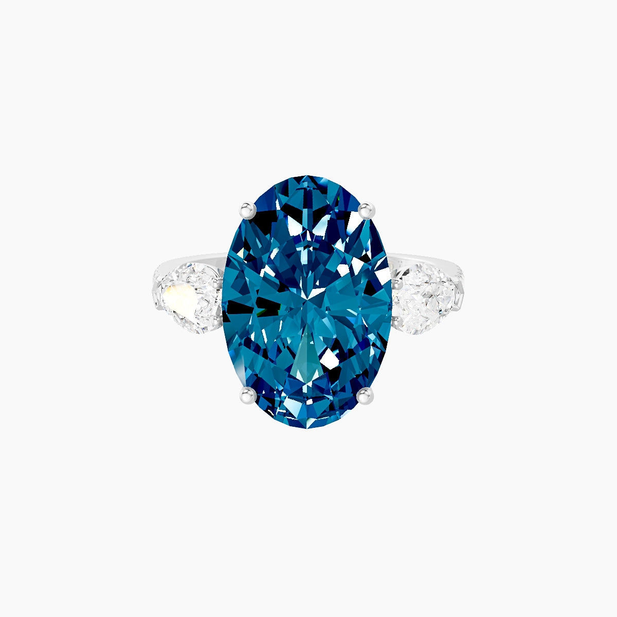 Classic Pear Trilogy with Straight Shank | 18k White Gold 5 ct Oval Blue Lab Diamond Ring