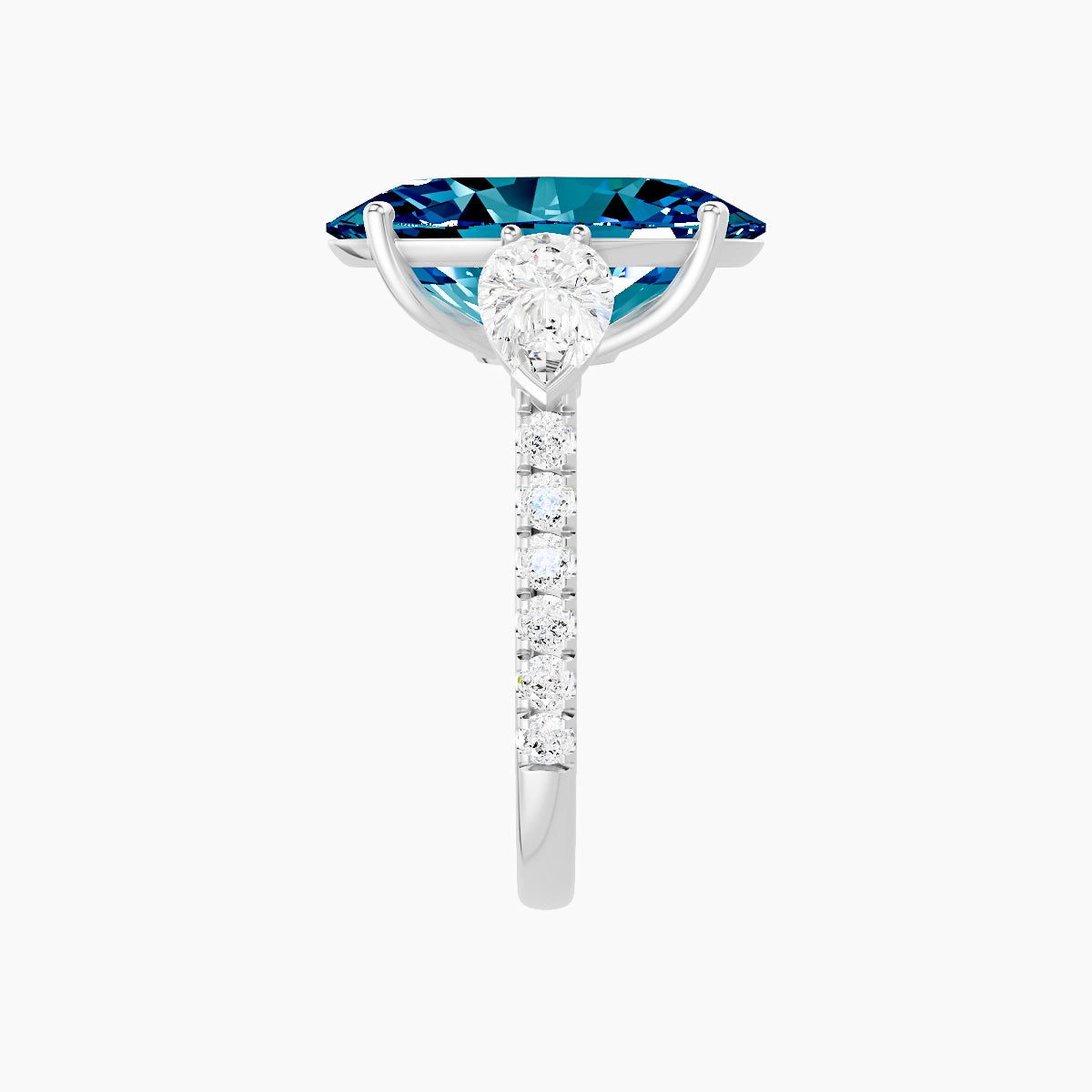 Classic Pear Trilogy with Straight Shank | 18k White Gold 5 ct Oval Blue Lab Diamond Ring