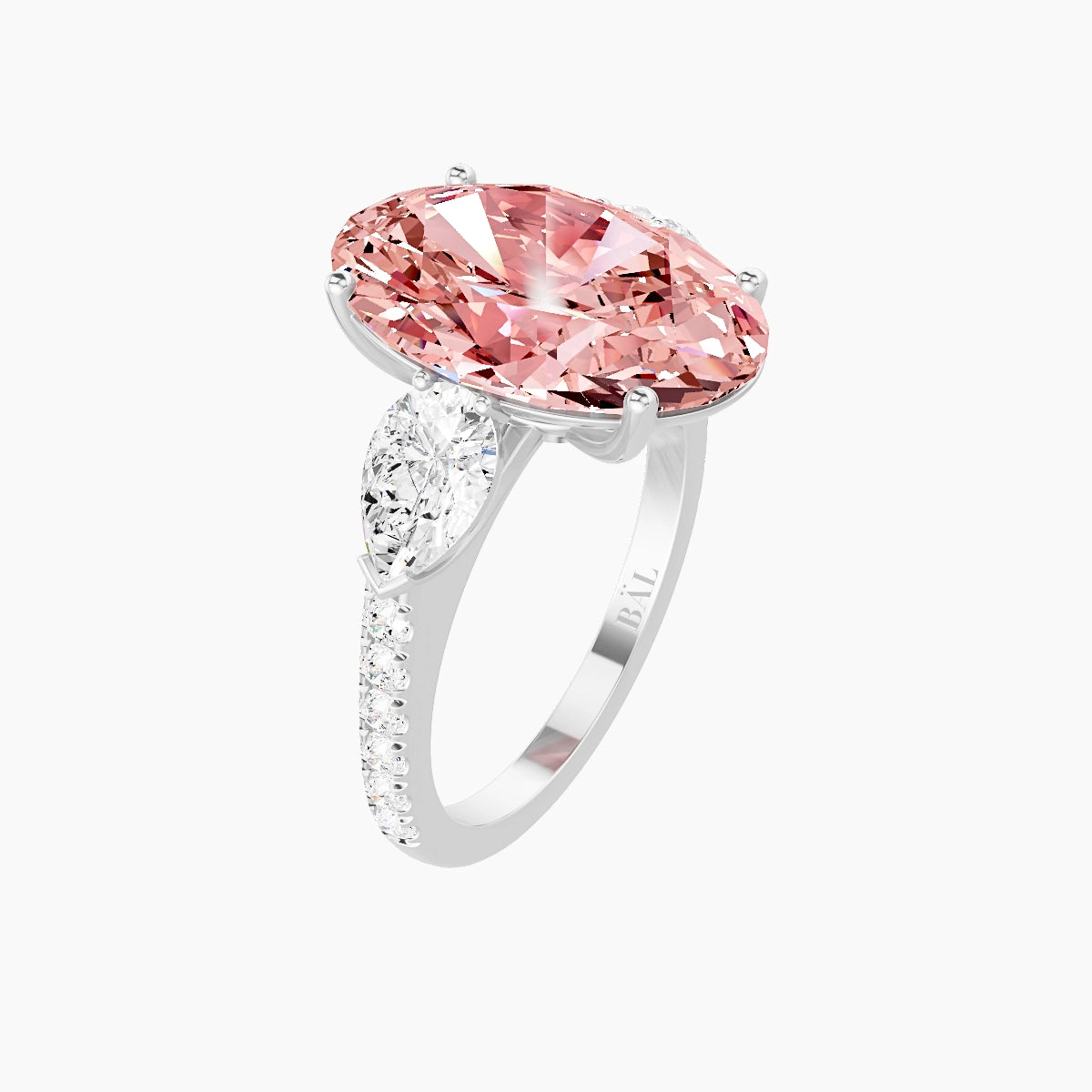 Classic Pear Trilogy with Straight Shank | 18k White Gold 5 ct Oval Pink Lab Diamond Ring