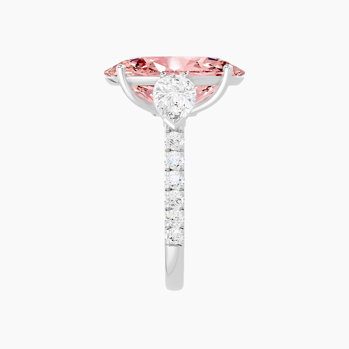 Classic Pear Trilogy with Straight Shank | 18k White Gold 5 ct Oval Pink Lab Diamond Ring