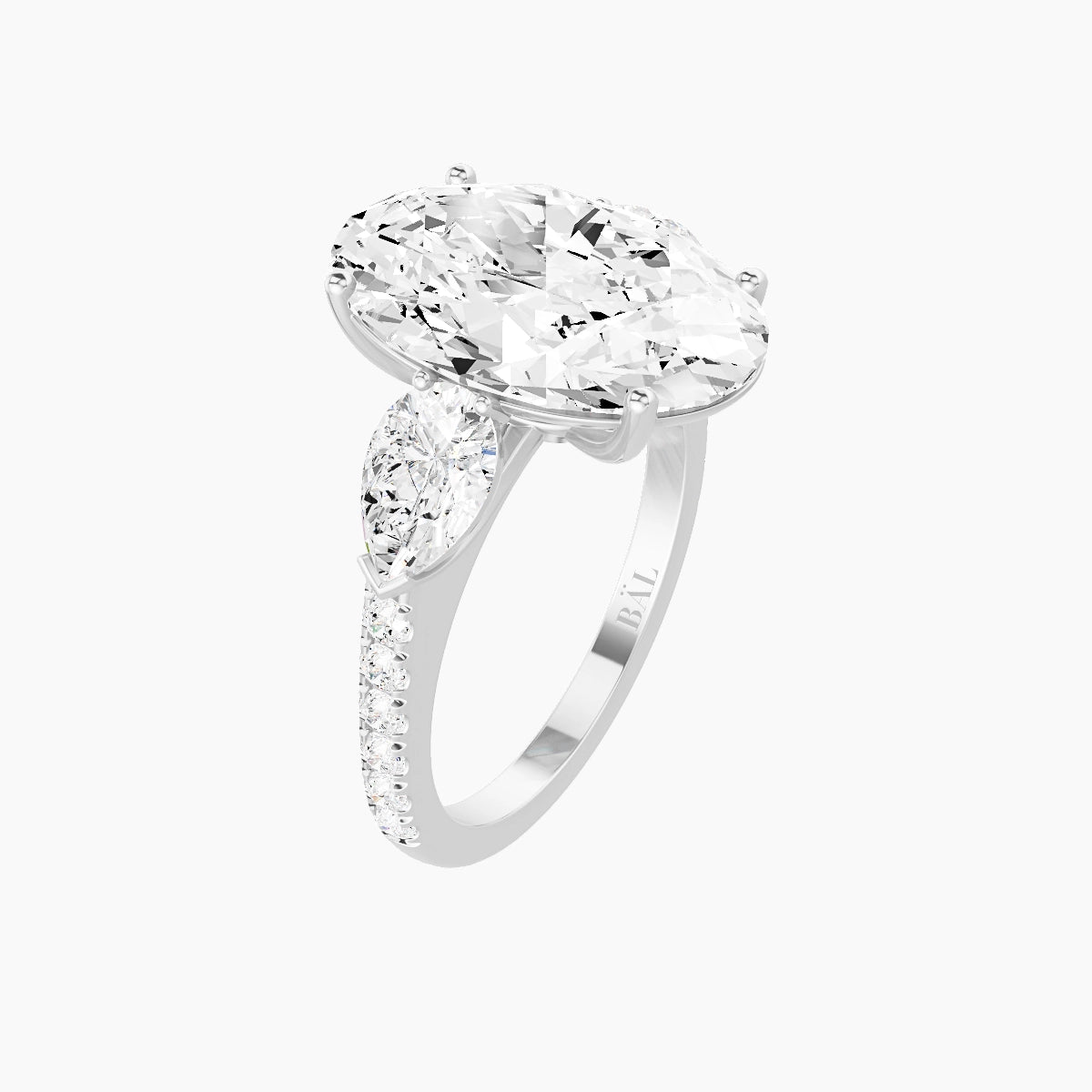 Classic Pear Trilogy with Straight Shank | 18k White Gold 5 ct Oval White Lab Diamond Ring