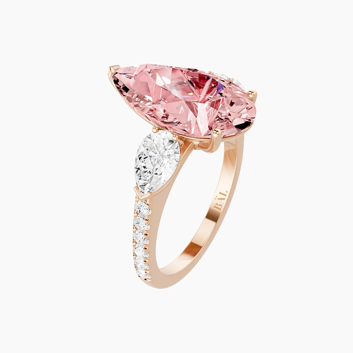 Classic Pear Trilogy with Straight Shank | 18k Rose Gold 5 ct Pear Pink Lab Diamond Ring