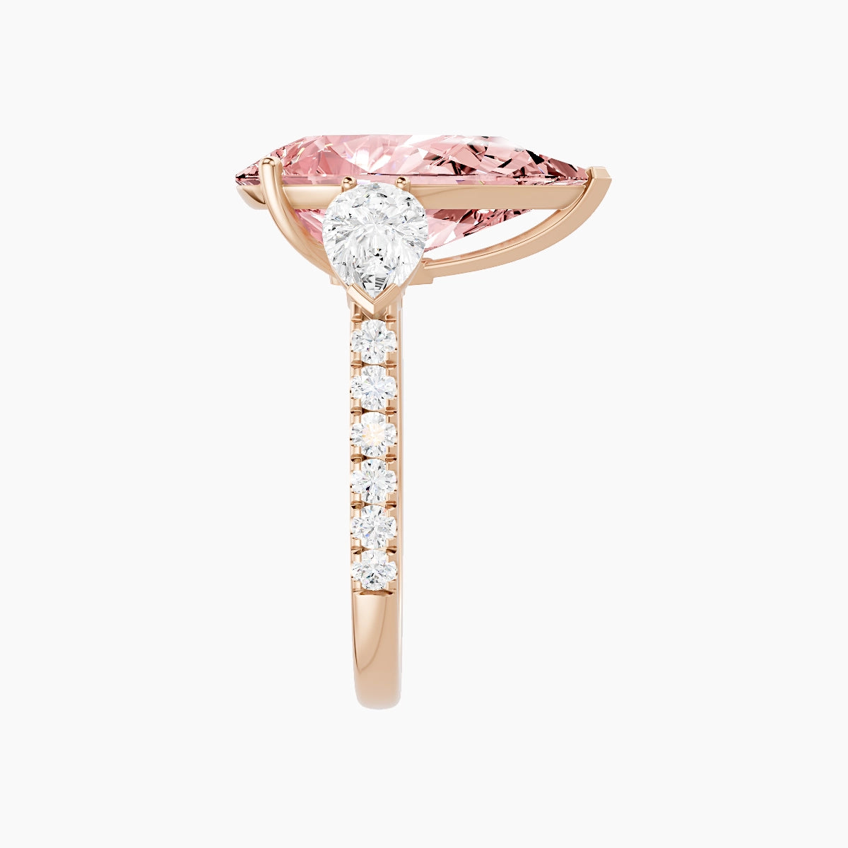 Classic Pear Trilogy with Straight Shank | 18k Rose Gold 5 ct Pear Pink Lab Diamond Ring