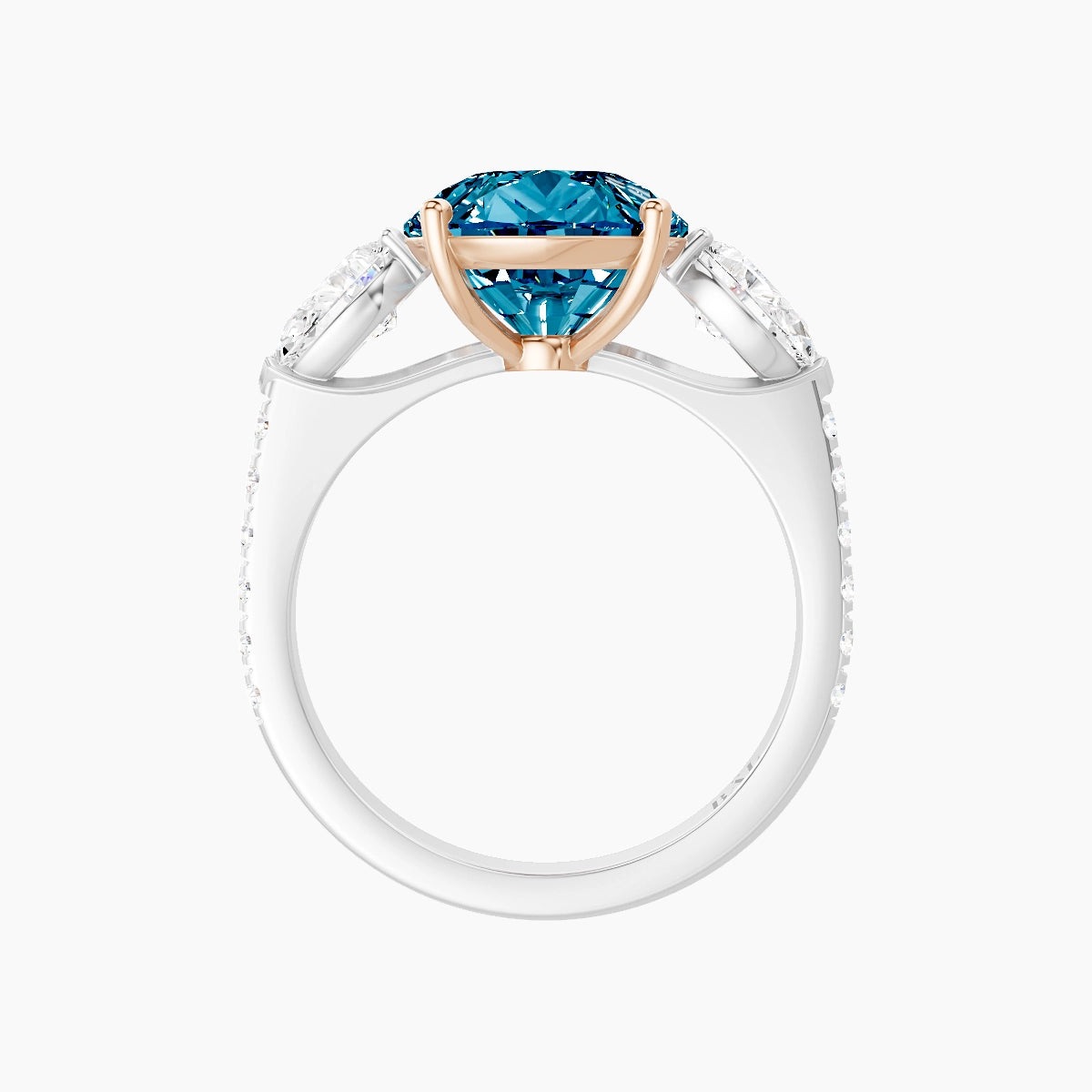 Classic Pear Trilogy with Straight Shank | 18k White & Rose Gold 5 ct Pear Blue Lab Diamond Ring