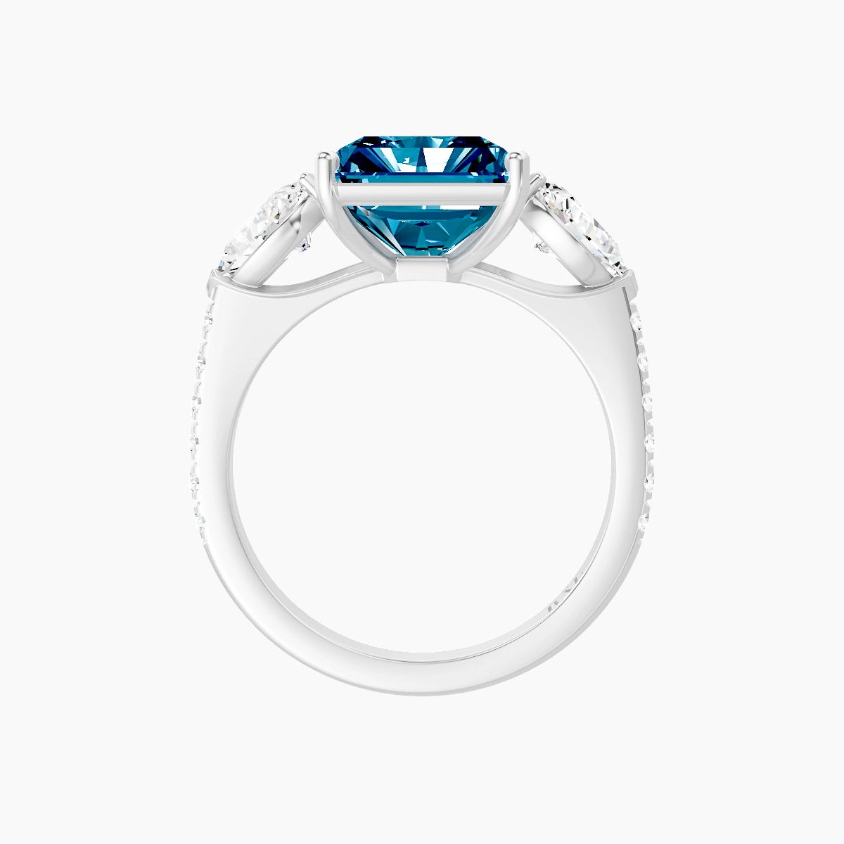 Classic Pear Trilogy with Straight Shank | 18k White Gold 5 ct Radiant Blue Lab Diamond Ring