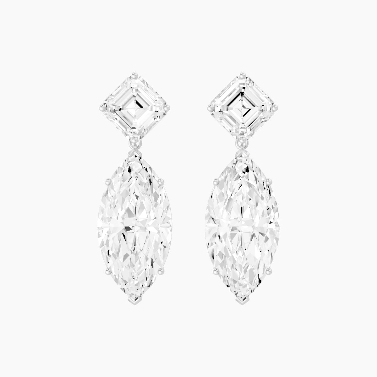 18k White Gold Marquise White Lab Diamond Asscher Drop Earrings | 13 ct total
