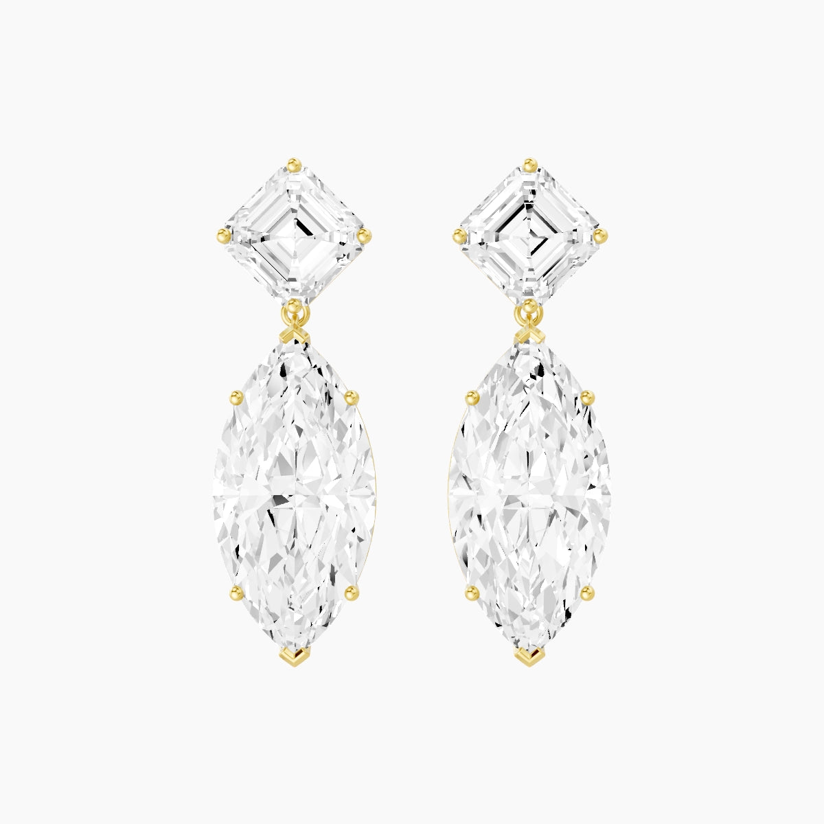 18k Yellow Gold Marquise White Lab Diamond Asscher Drop Earrings | 13 ct total