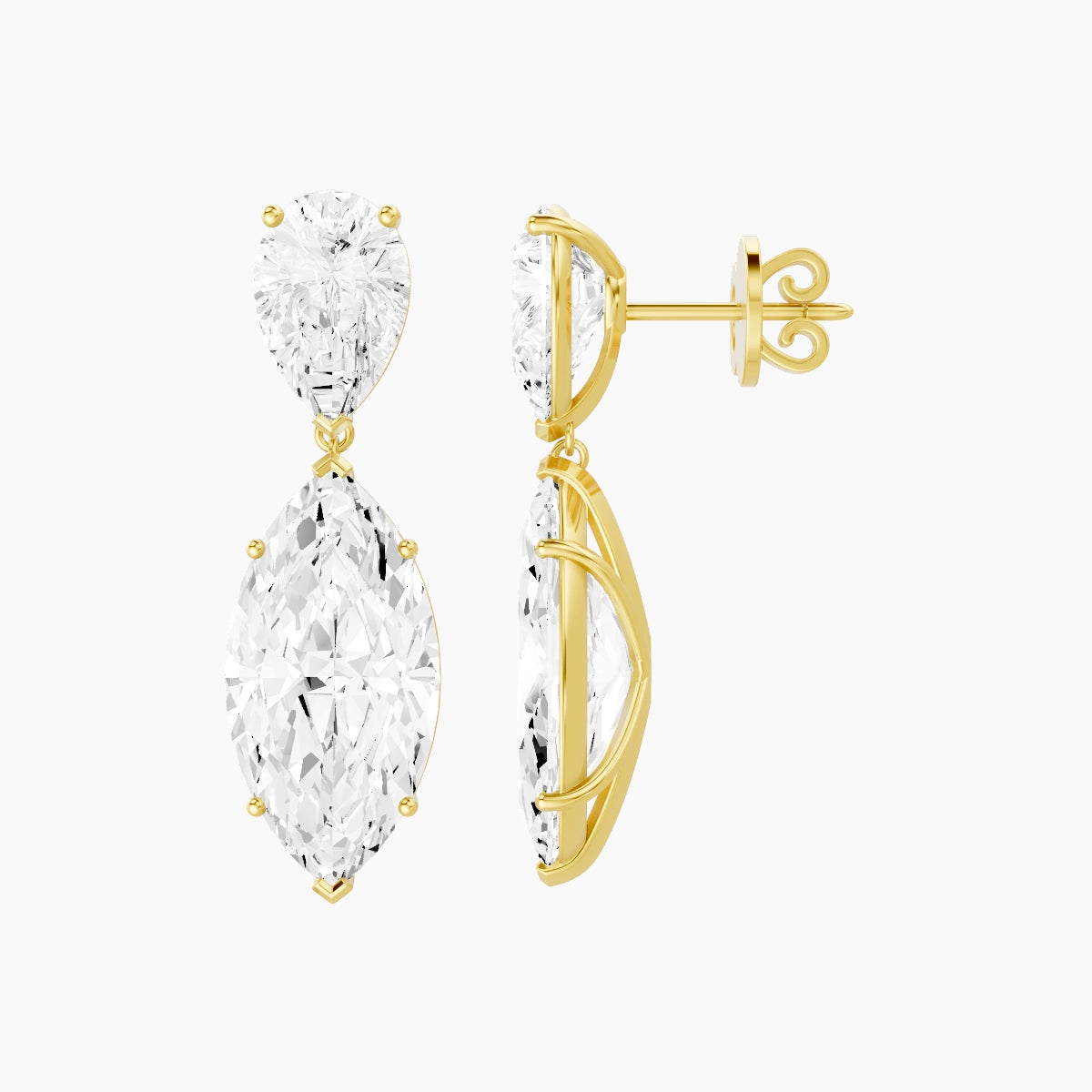 18k Yellow Gold Marquise White Lab Diamond Pear Drop Earrings | 14 ct total