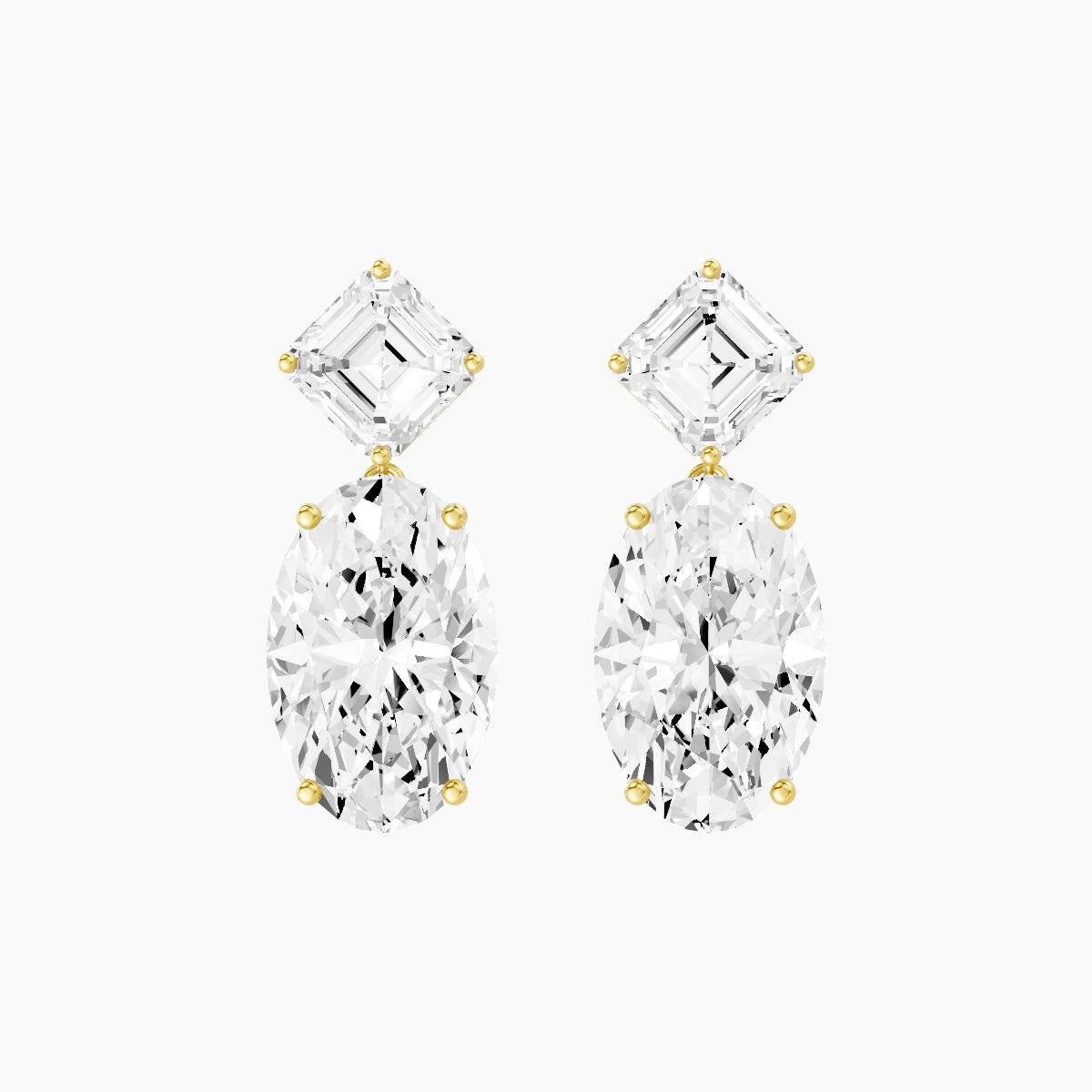 18k Yellow Gold Oval White Lab Diamond Asscher Drop Earrings | 13 ct total