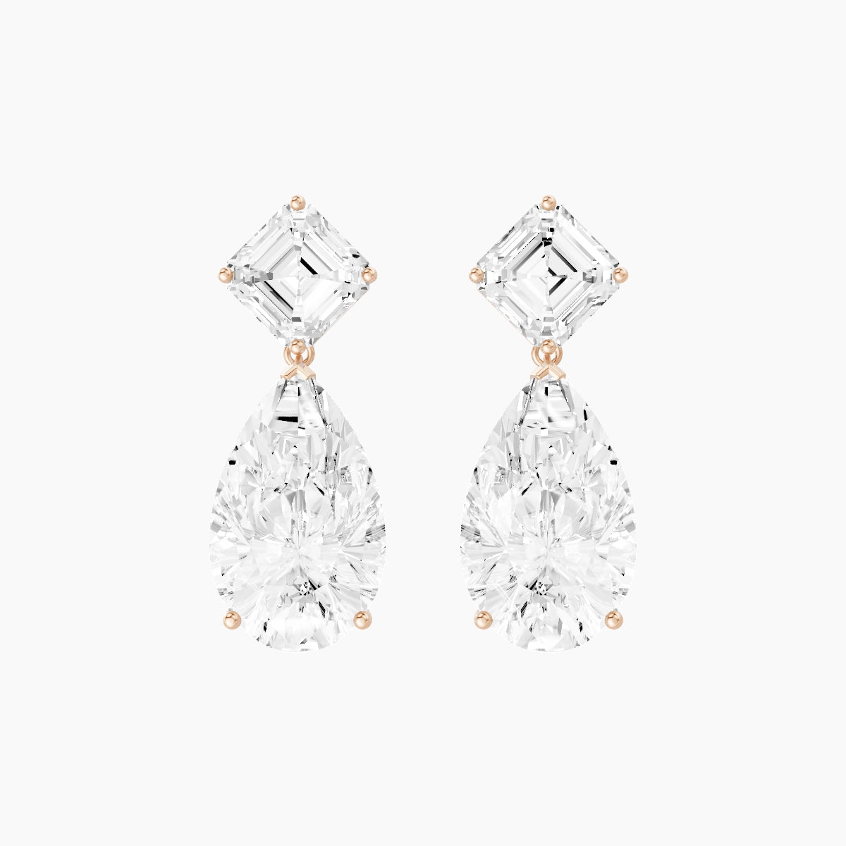 18k Rose Gold Pear White Lab Diamond Asscher Drop Earrings | 13 ct total