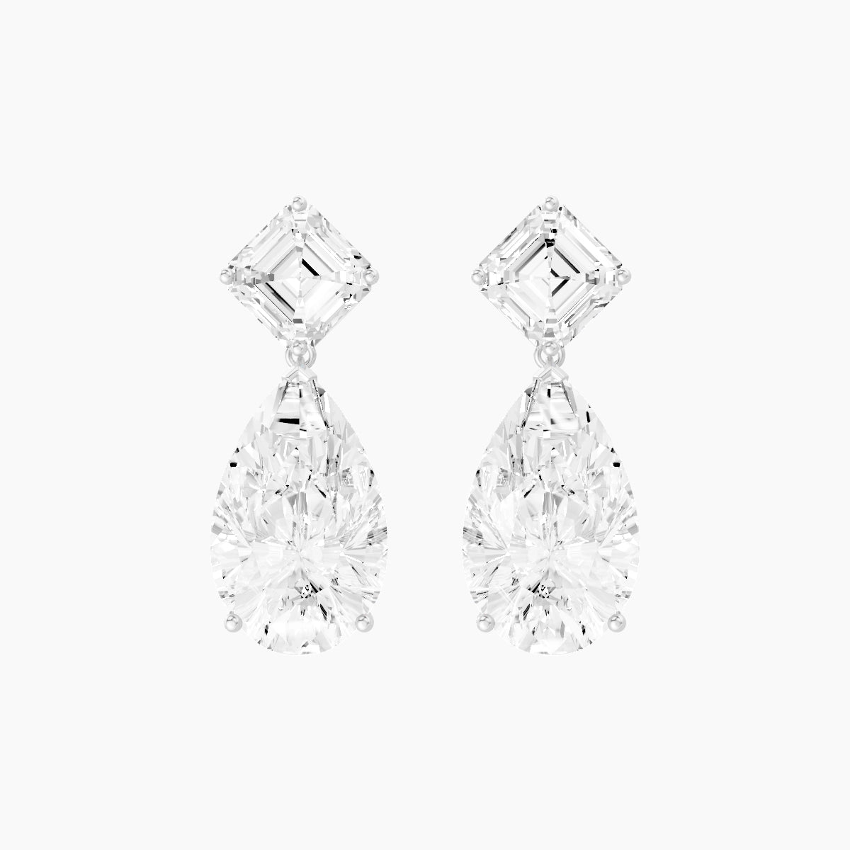 18k White Gold Pear White Lab Diamond Asscher Drop Earrings | 13 ct total