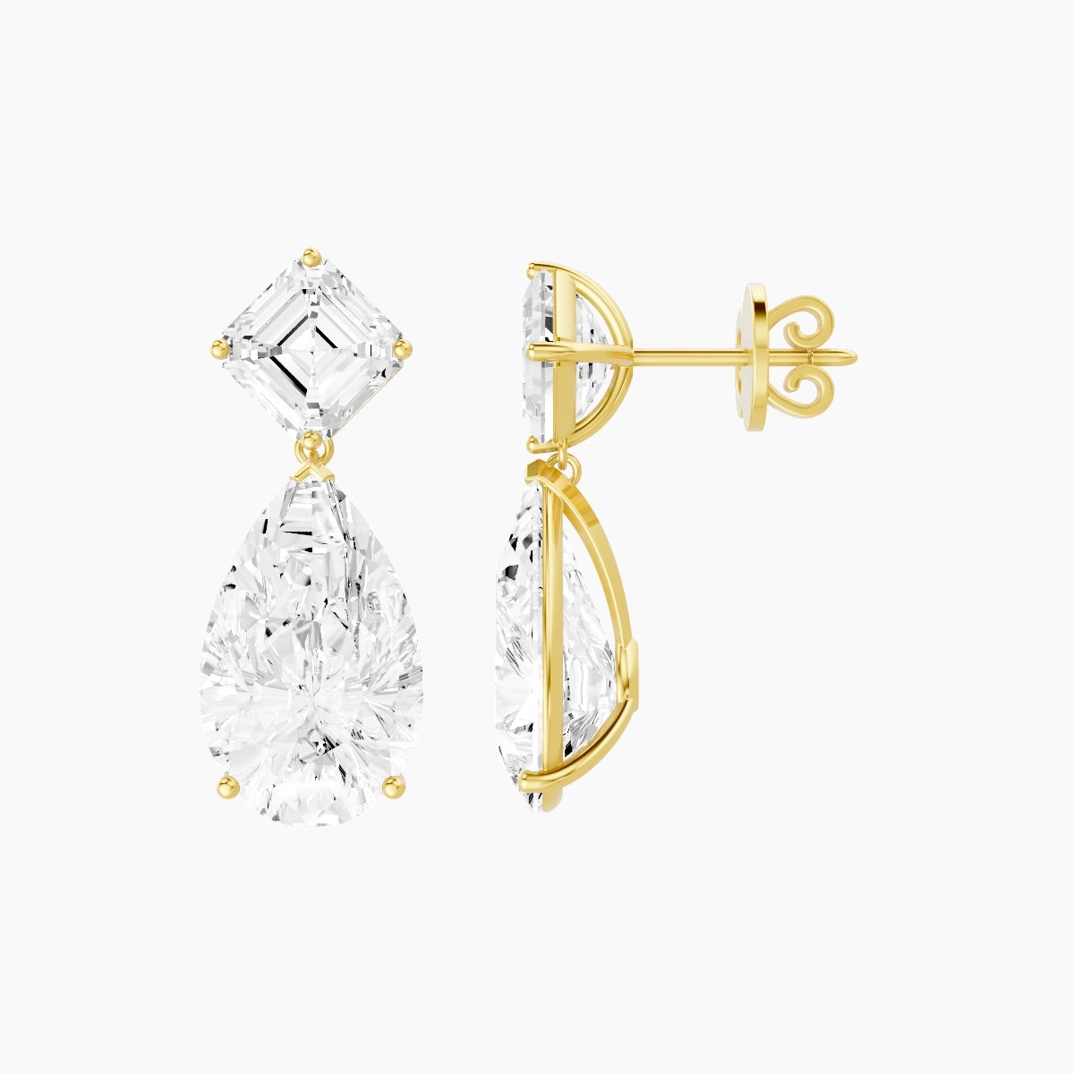 18k Yellow Gold Pear White Lab Diamond Asscher Drop Earrings | 13 ct total