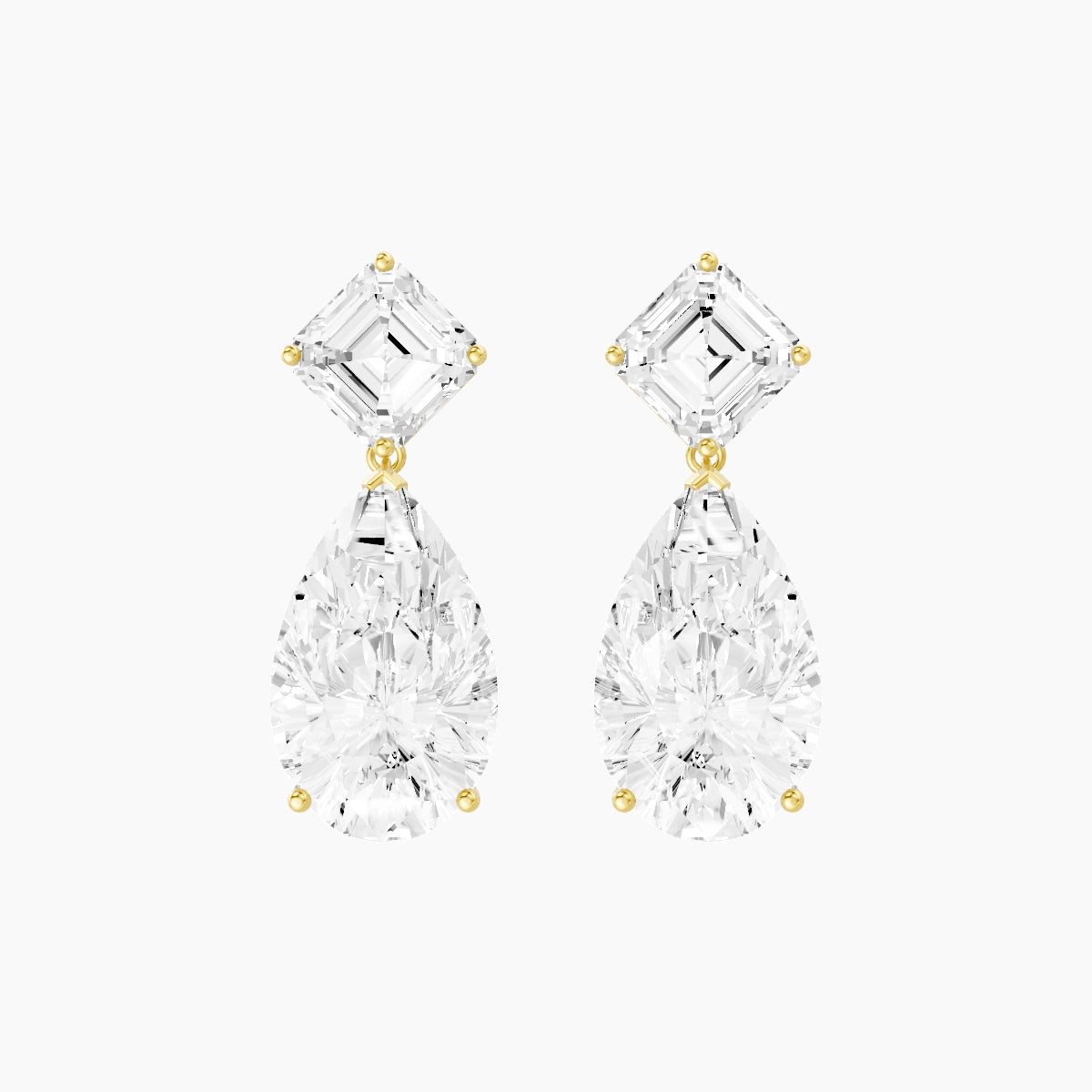 18k Yellow Gold Pear White Lab Diamond Asscher Drop Earrings | 13 ct total