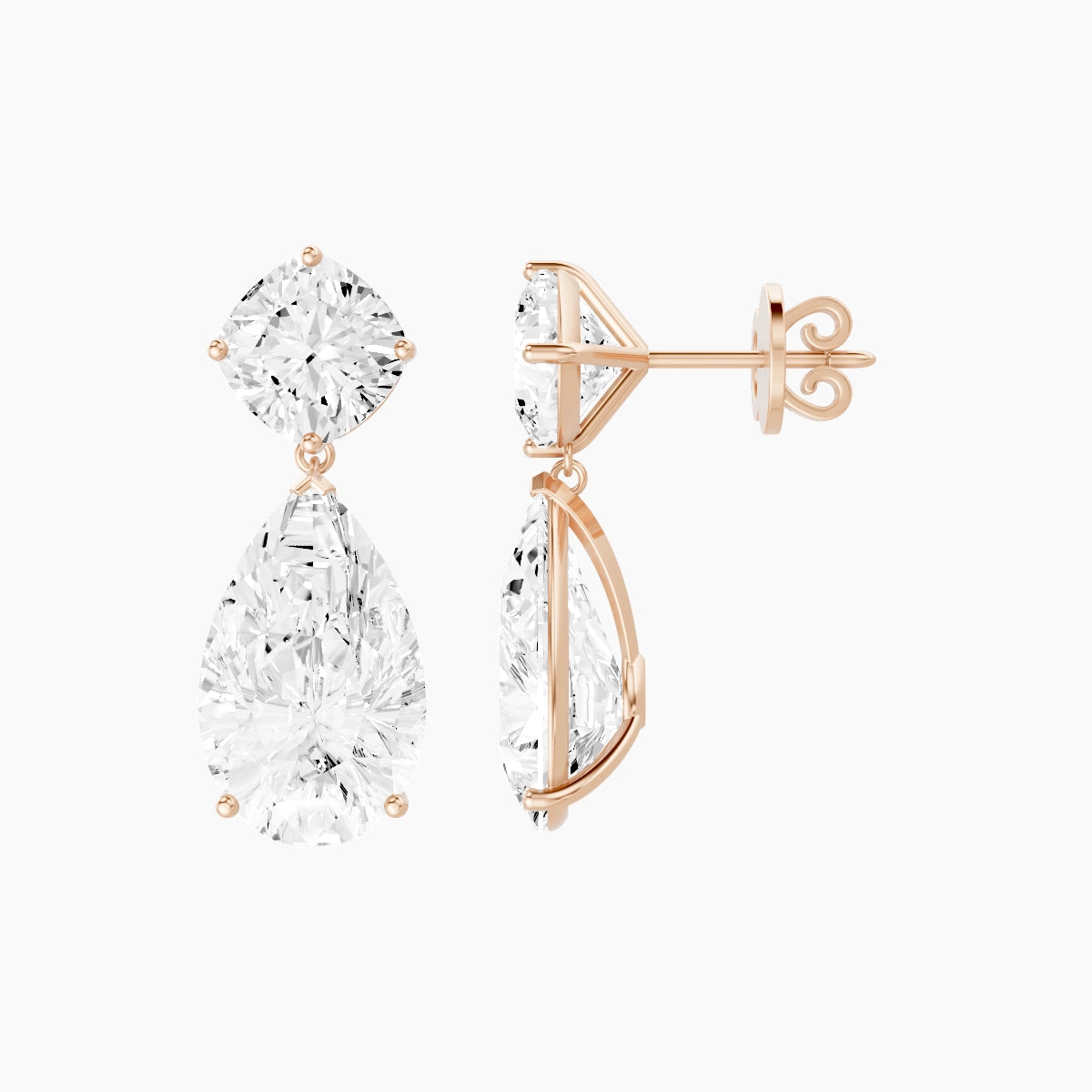 18k Rose Gold Pear White Lab Diamond Square Cushion Drop Earrings | 14 ct total