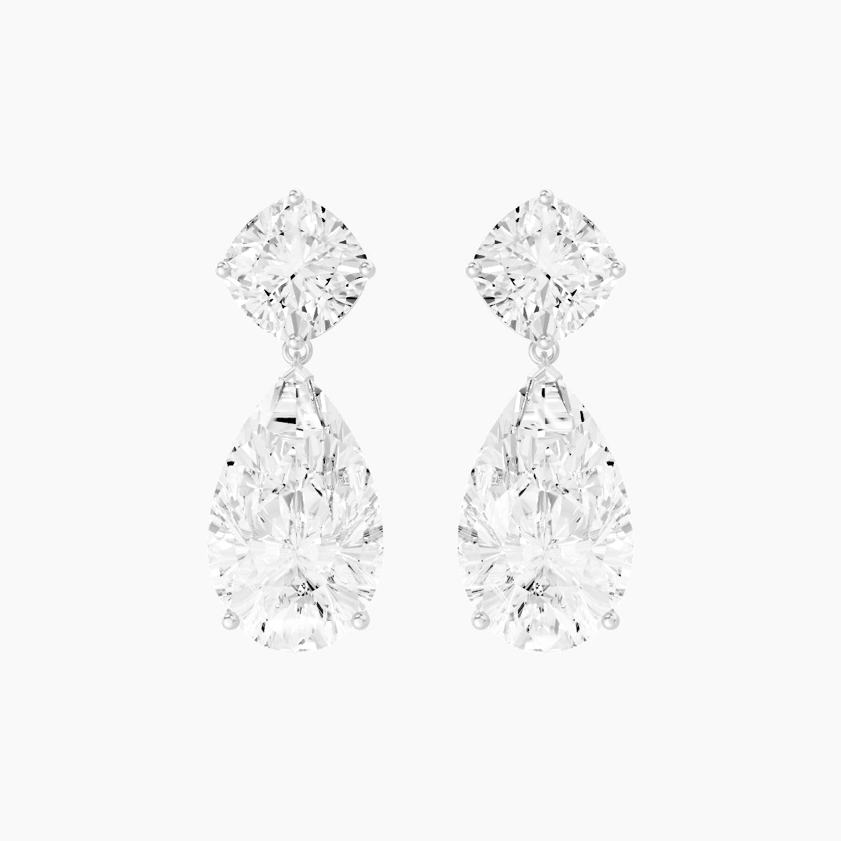 18k White Gold Pear White Lab Diamond Square Cushion Drop Earrings | 14 ct total