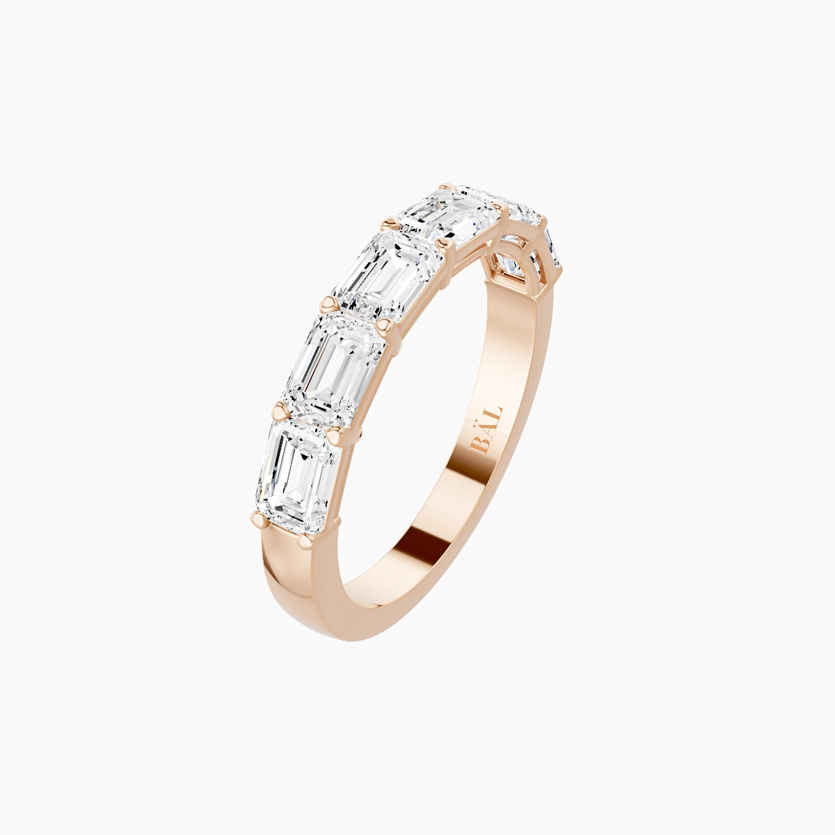 East-West Half Eternity Ring | 18k Rose Gold 4.5 x 3.2 mm Emerald White Lab Diamond with Shared Prongs