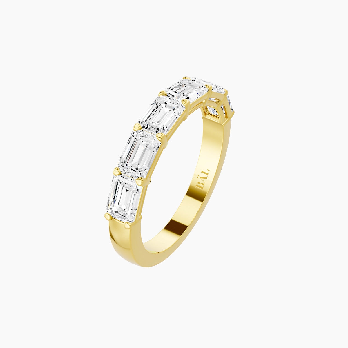 East-West Half Eternity Ring | 18k Yellow Gold 4.5 x 3.2 mm Emerald White Lab Diamond with Shared Prongs