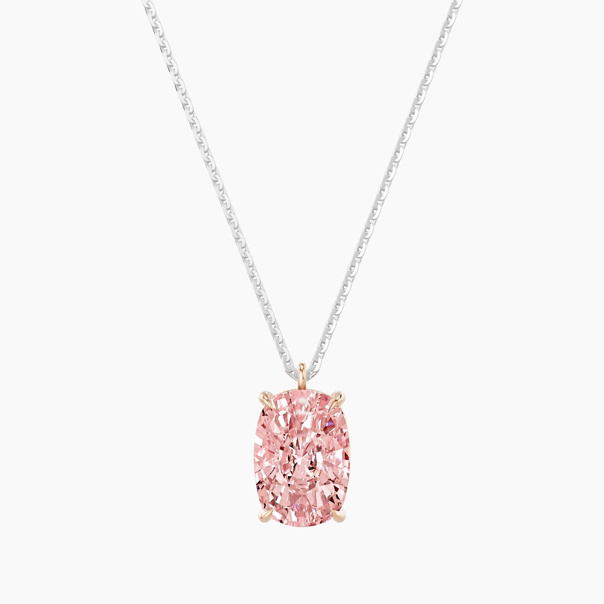 Hanging Solitaire | 18k White & Rose Gold 3 ct Pink Lab Diamond Cushion Pendant
