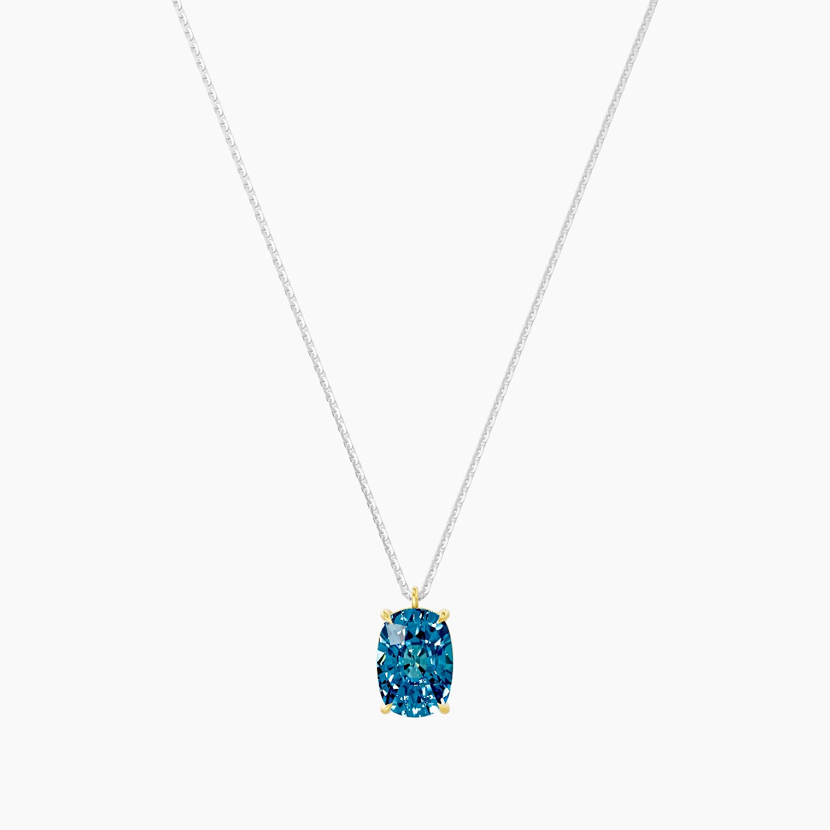 Hanging Solitaire | 18k White & Yellow Gold 3 ct Blue Lab Diamond Cushion Pendant