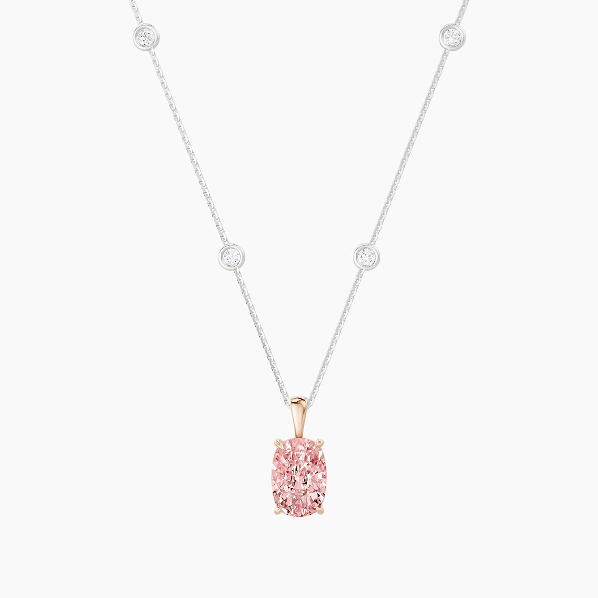Hanging Solitaire with Sautoir | 18k White & Rose Gold 3 ct Pink Lab Diamond Cushion Pendant