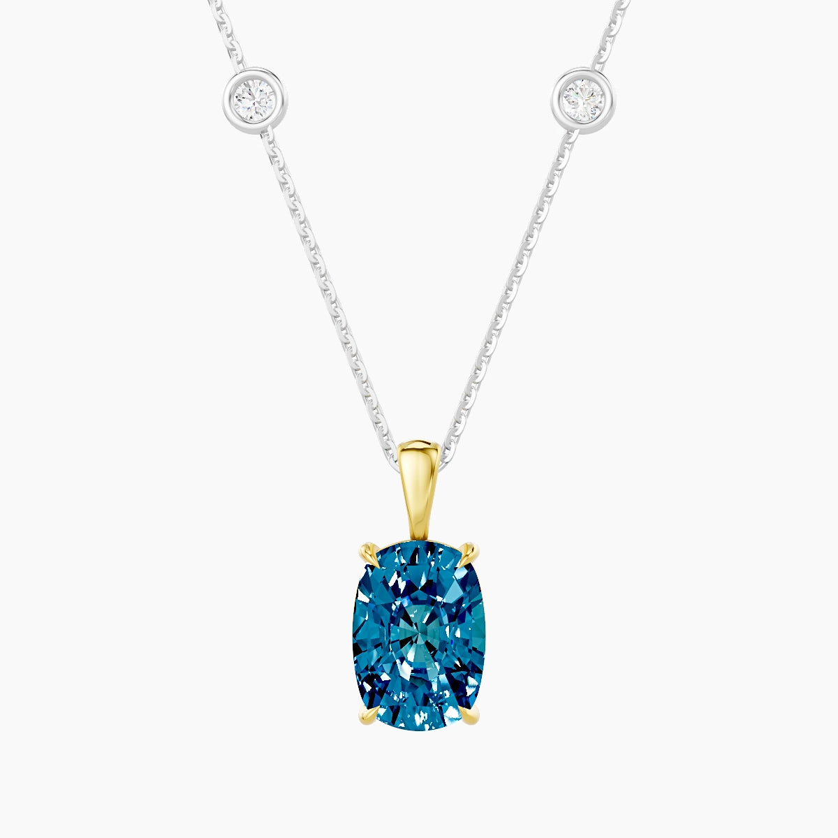 Hanging Solitaire with Sautoir | 18k White & Yellow Gold 3 ct Blue Lab Diamond Cushion Pendant