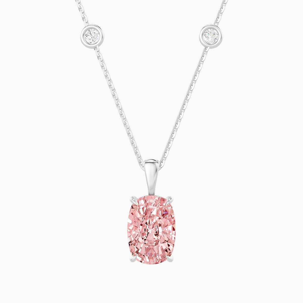 Hanging Solitaire with Sautoir | 18k White Gold 3 ct Pink Lab Diamond Cushion Pendant