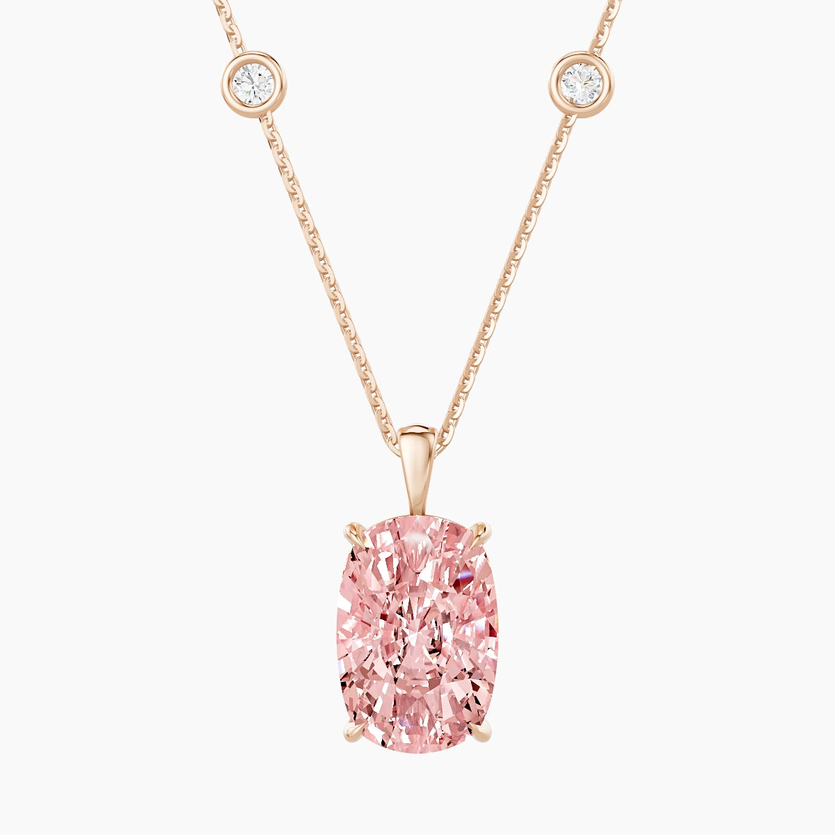 Hanging Solitaire with Sautoir | 18k Rose Gold 5 ct Pink Lab Diamond Cushion Pendant