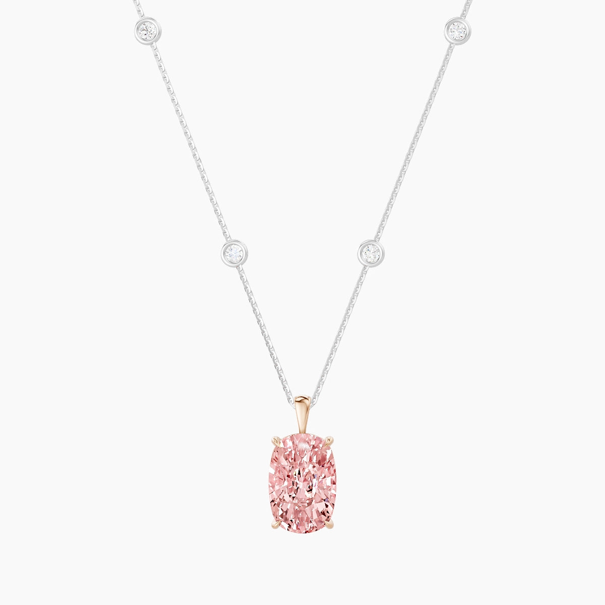 Hanging Solitaire with Sautoir | 18k White & Rose Gold 5 ct Pink Lab Diamond Cushion Pendant