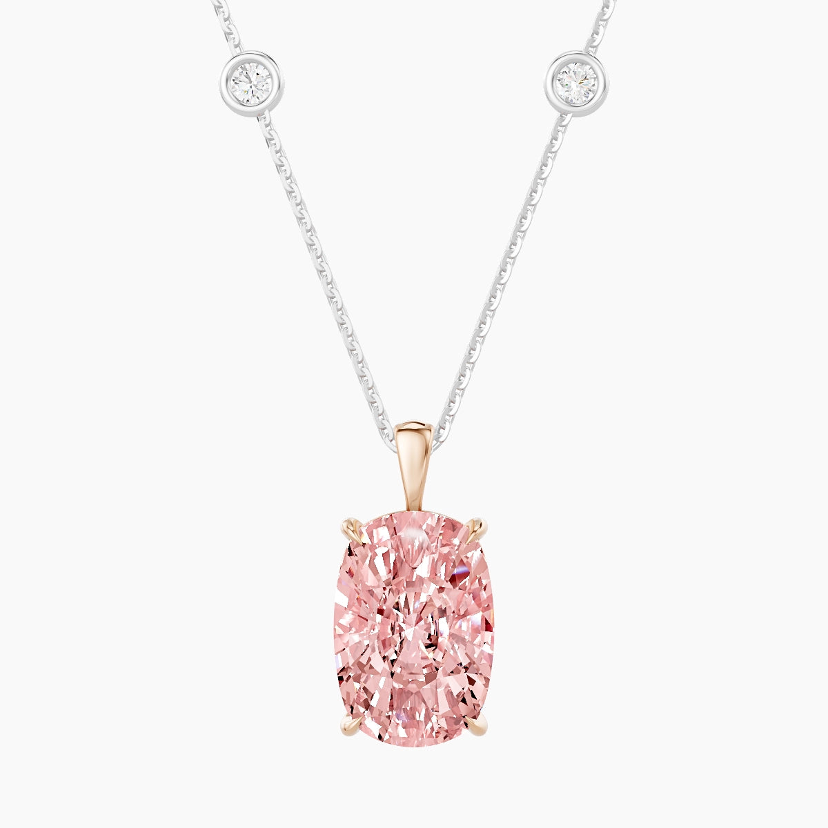 Hanging Solitaire with Sautoir | 18k White & Rose Gold 5 ct Pink Lab Diamond Cushion Pendant