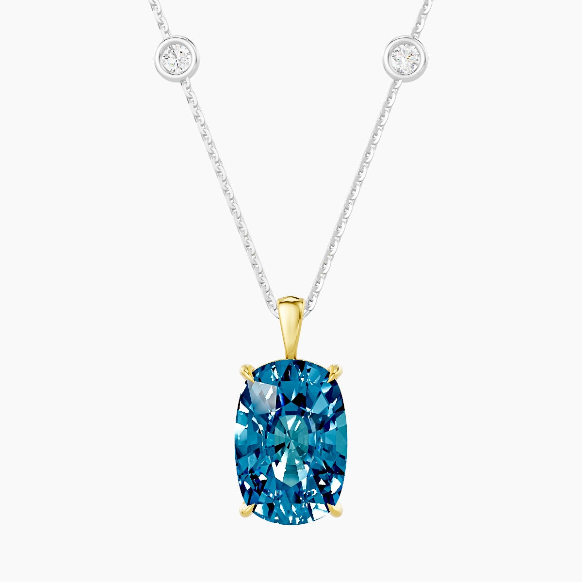 Hanging Solitaire with Sautoir | 18k White & Yellow Gold 5 ct Blue Lab Diamond Cushion Pendant