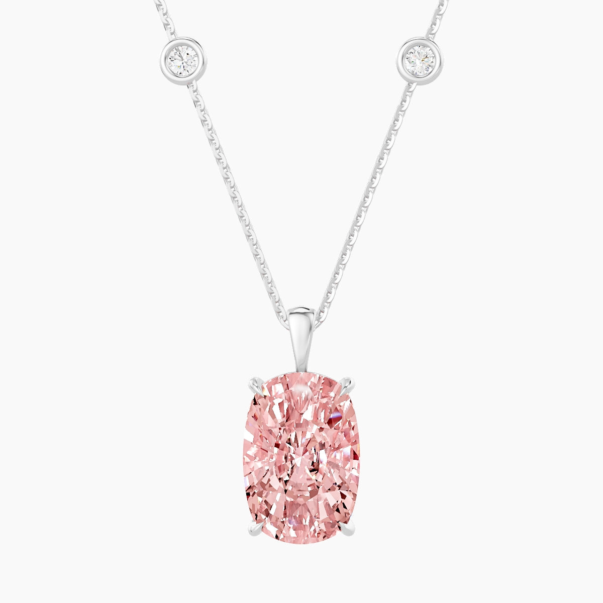 Hanging Solitaire with Sautoir | 18k White Gold 5 ct Pink Lab Diamond Cushion Pendant