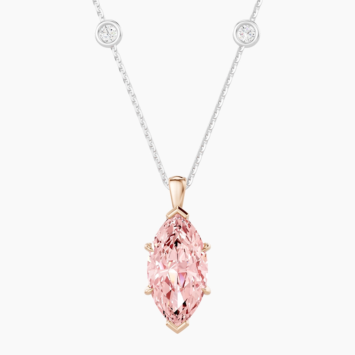 Hanging Solitaire with Sautoir | 18k White & Rose Gold 3 ct Pink Lab Diamond Marquise Pendant