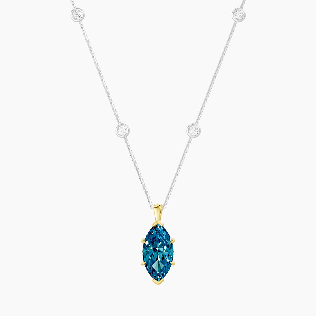 Hanging Solitaire with Sautoir | 18k White & Yellow Gold 3 ct Blue Lab Diamond Marquise Pendant