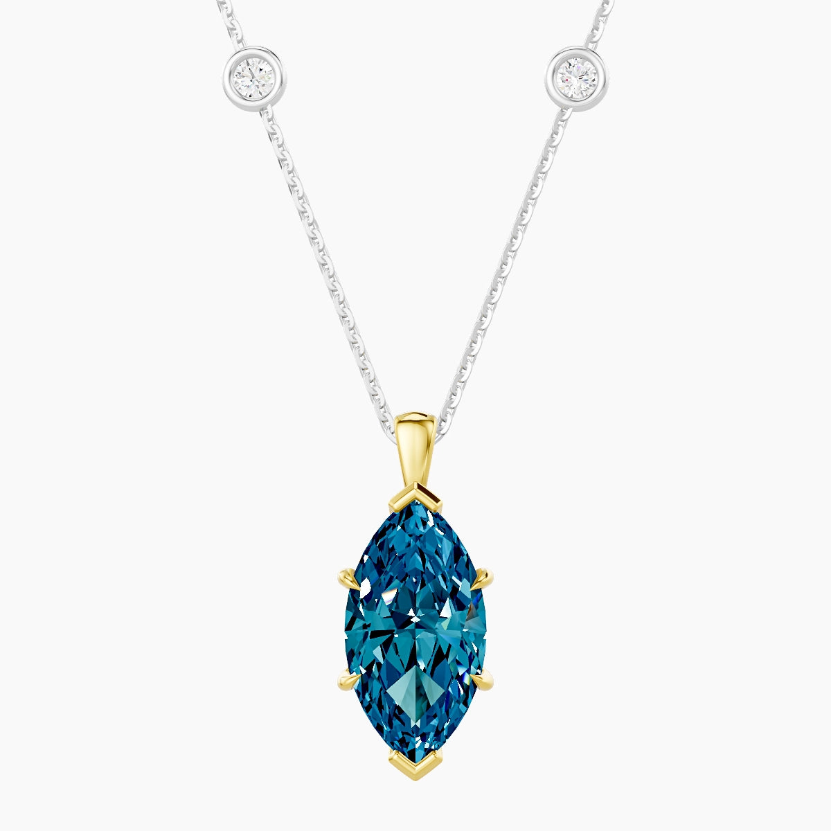 Hanging Solitaire with Sautoir | 18k White & Yellow Gold 3 ct Blue Lab Diamond Marquise Pendant