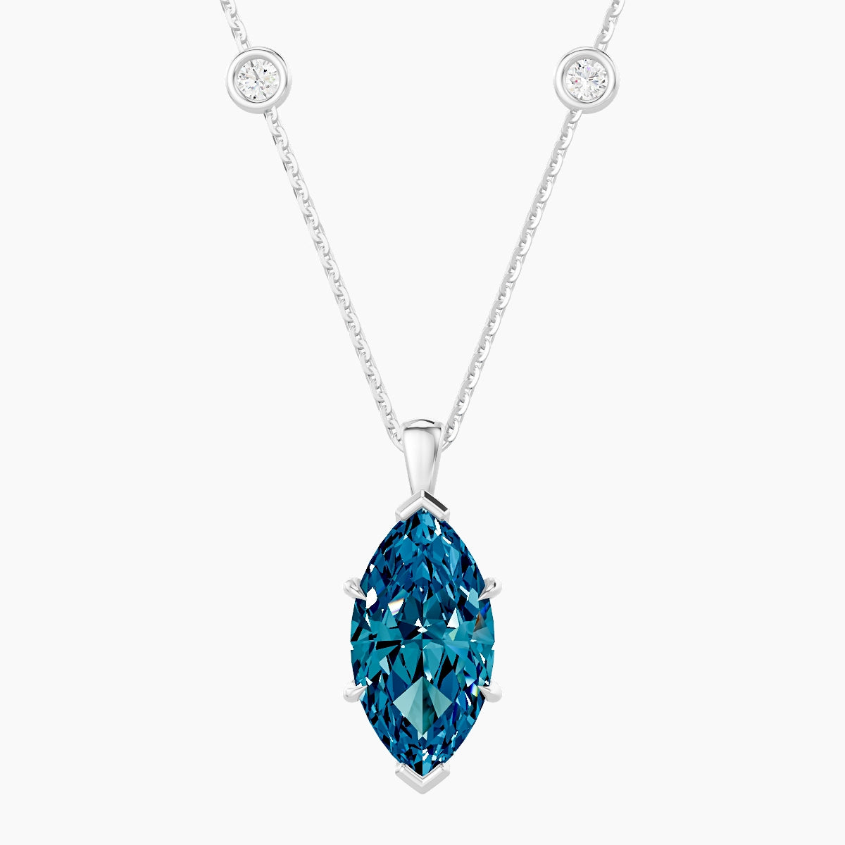 Hanging Solitaire with Sautoir | 18k White Gold 3 ct Blue Lab Diamond Marquise Pendant