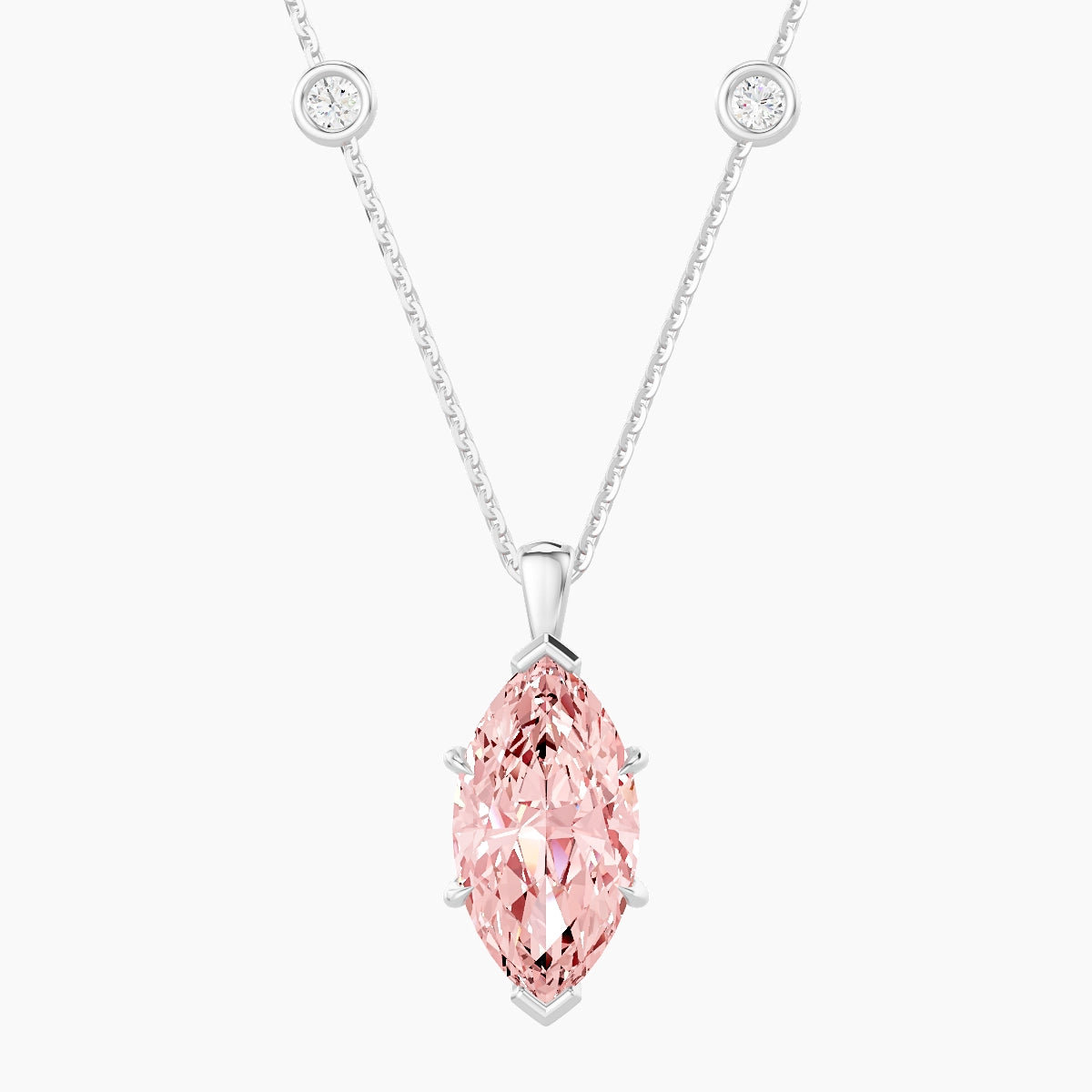 Hanging Solitaire with Sautoir | 18k White Gold 3 ct Pink Lab Diamond Marquise Pendant