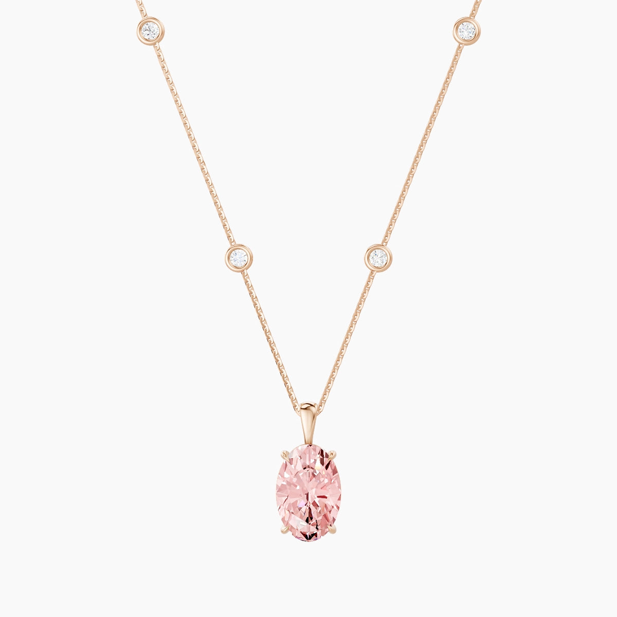 Hanging Solitaire with Sautoir | 18k Rose Gold 3 ct Pink Lab Diamond Oval Pendant