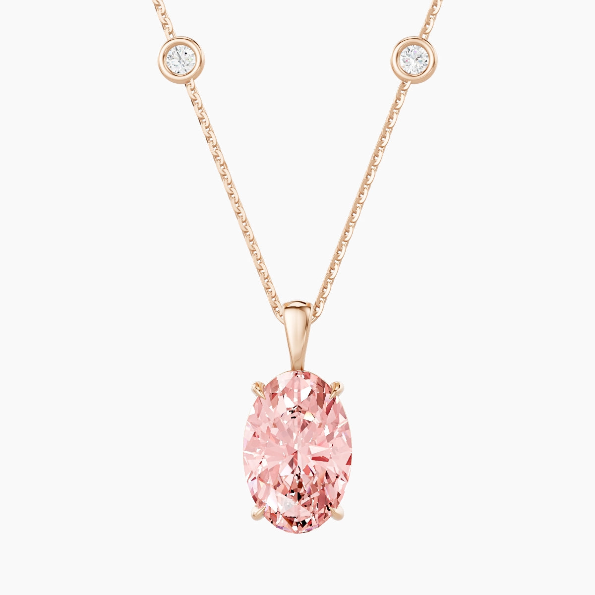 Hanging Solitaire with Sautoir | 18k Rose Gold 3 ct Pink Lab Diamond Oval Pendant