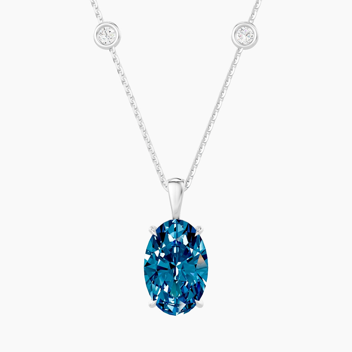 Hanging Solitaire with Sautoir | 18k White Gold 3 ct Blue Lab Diamond Oval Pendant