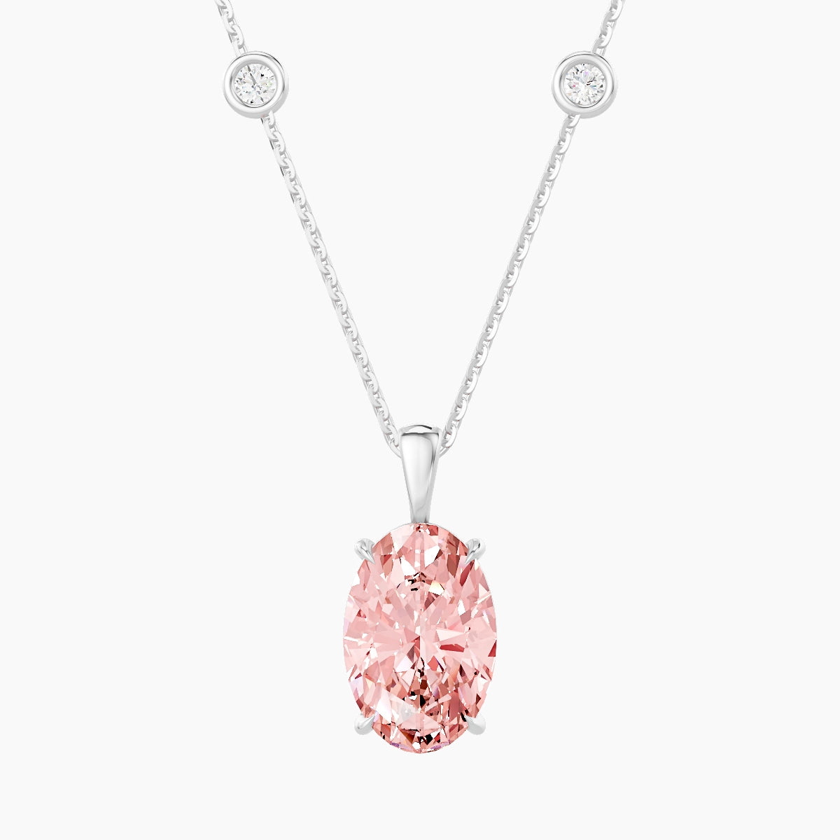 Hanging Solitaire with Sautoir | 18k White Gold 3 ct Pink Lab Diamond Oval Pendant
