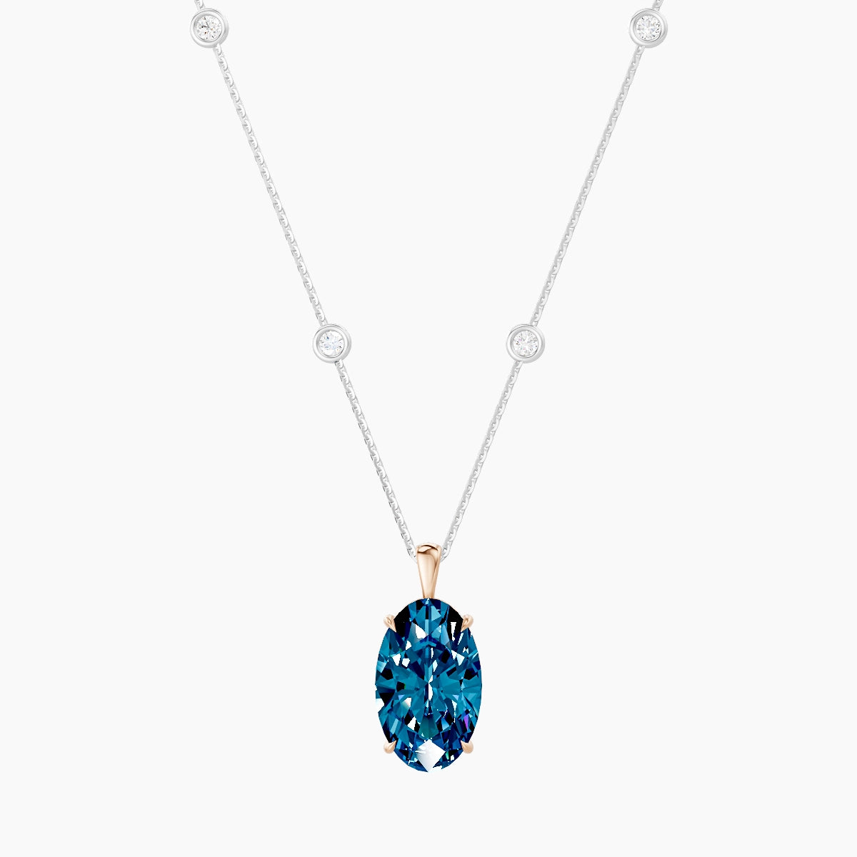 Hanging Solitaire with Sautoir | 18k White & Rose Gold 5 ct Blue Lab Diamond Oval Pendant