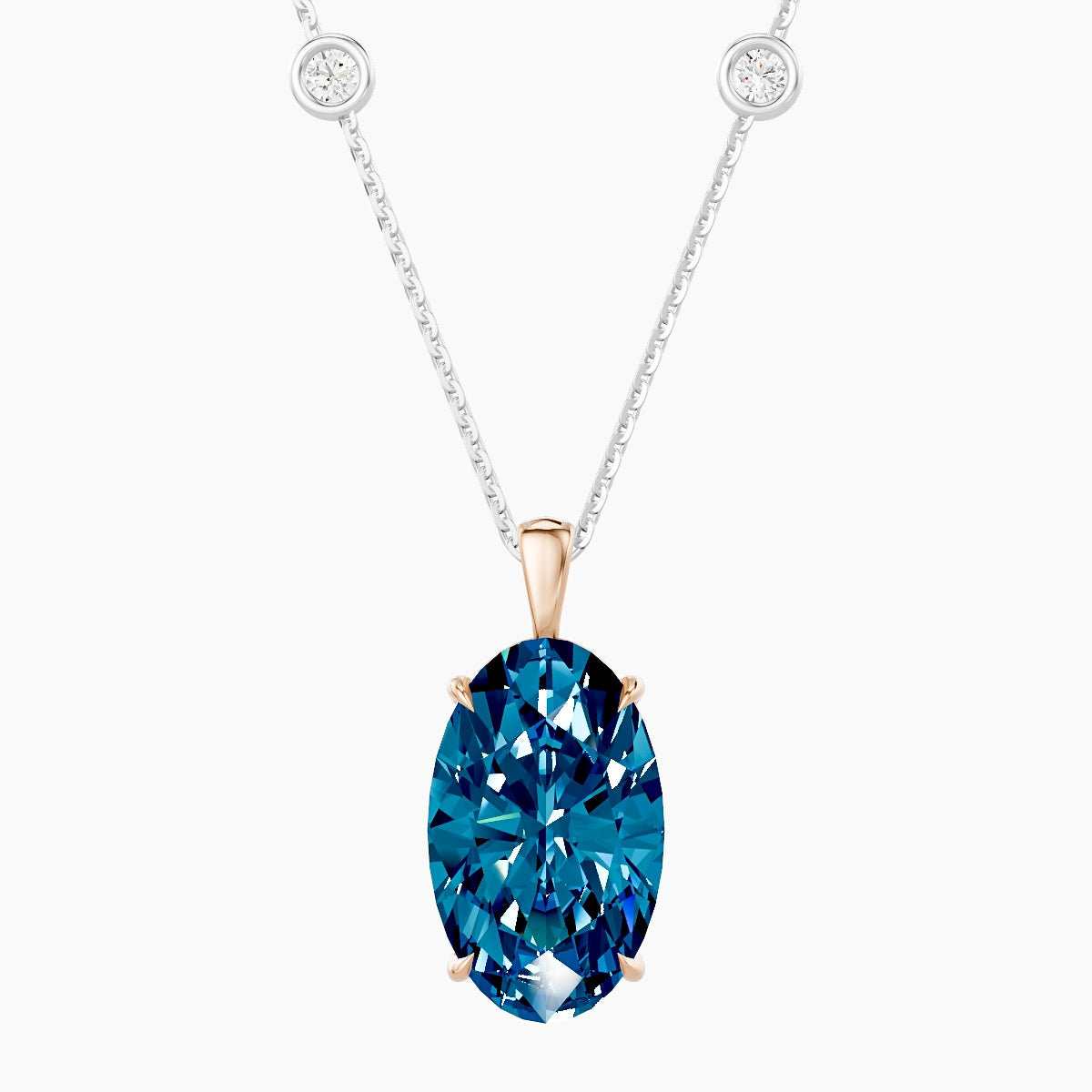 Hanging Solitaire with Sautoir | 18k White & Rose Gold 5 ct Blue Lab Diamond Oval Pendant