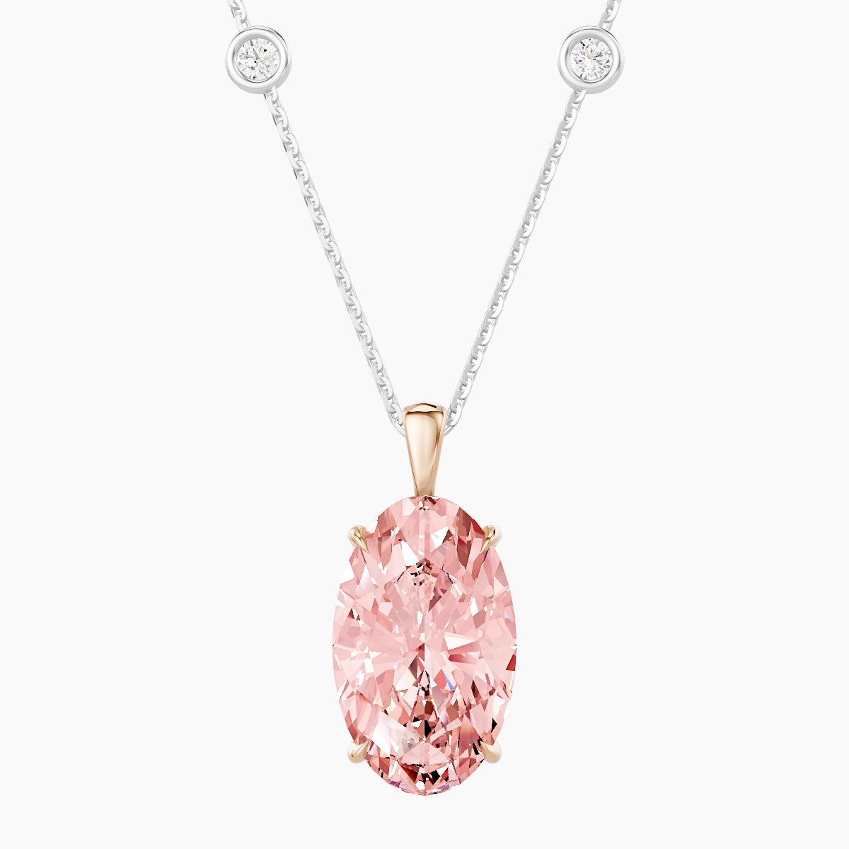 Hanging Solitaire with Sautoir | 18k White & Rose Gold 5 ct Pink Lab Diamond Oval Pendant