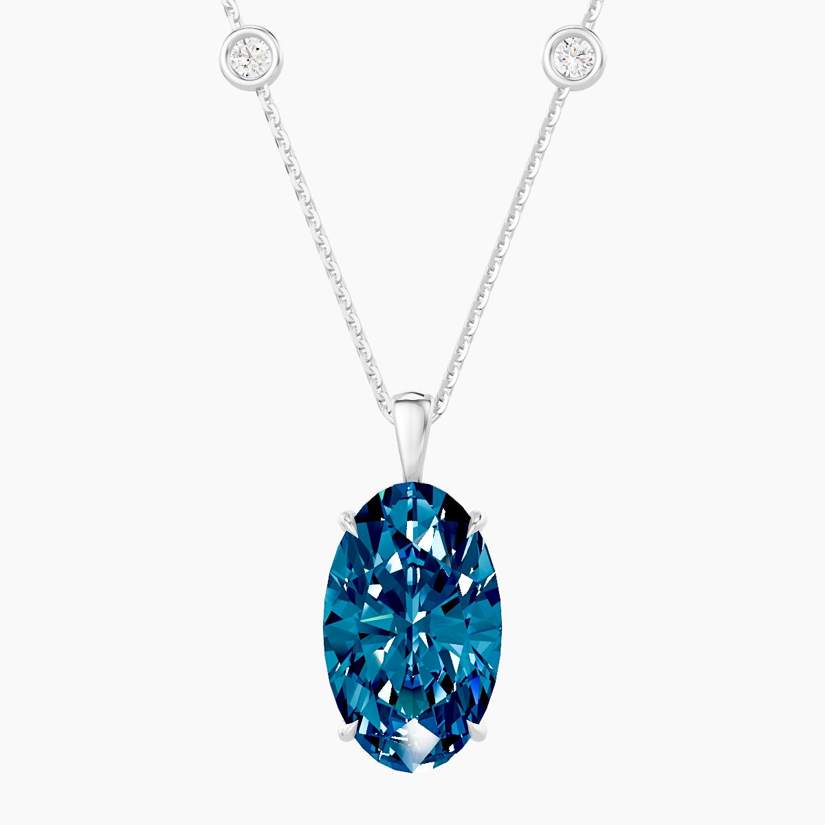 Hanging Solitaire with Sautoir | 18k White Gold 5 ct Blue Lab Diamond Oval Pendant