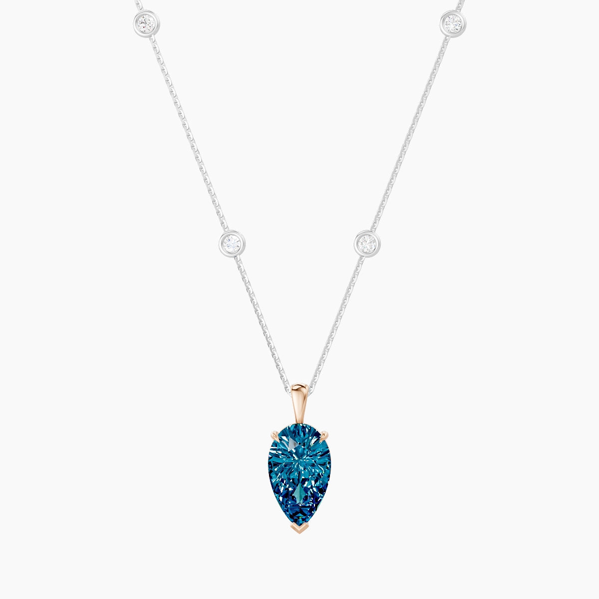Hanging Solitaire with Sautoir | 18k White & Rose Gold 3 ct Blue Lab Diamond Pear Pendant