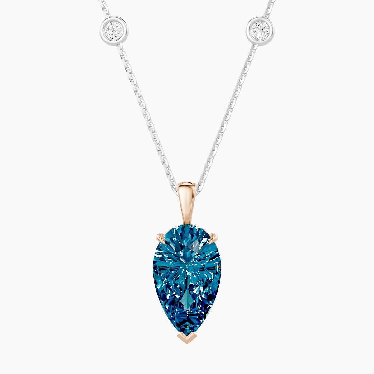 Hanging Solitaire with Sautoir | 18k White & Rose Gold 3 ct Blue Lab Diamond Pear Pendant